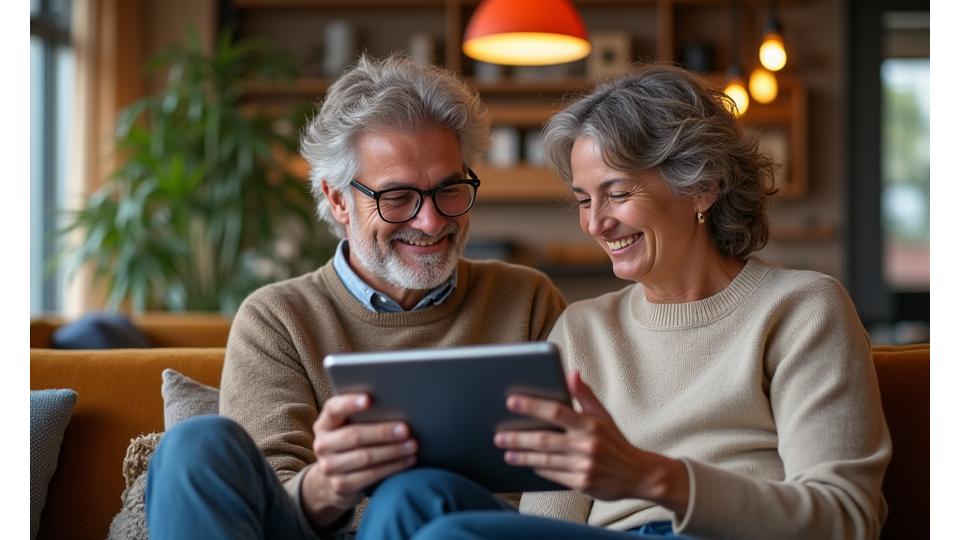 Two adults, mid-30s to 50s, smiling thoughtfully while using a tablet together, conveying connection and shared learning.