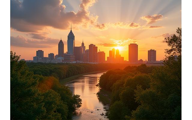 Austin skyline at golden hour with green spaces prominent, suggesting urban wellness.