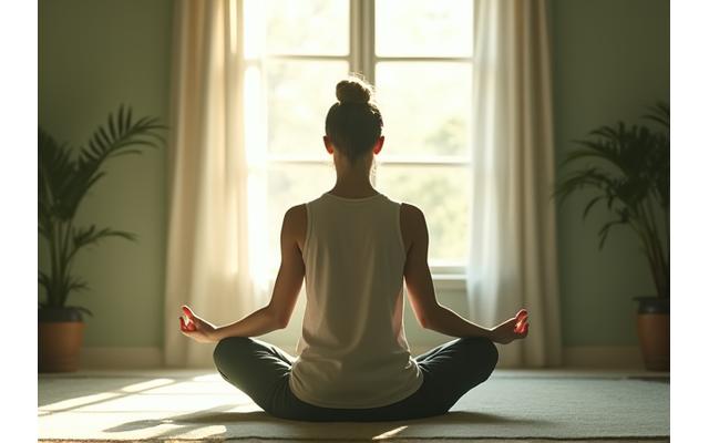Person meditating peacefully in a serene, sunlit room, symbolizing calm and mindfulness.