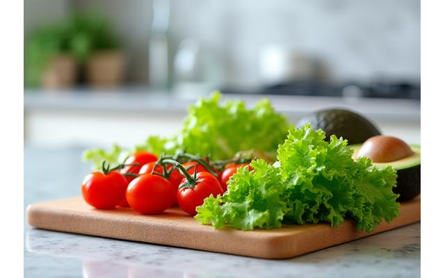 Fresh salad ingredients and a cookbook on a kitchen counter.