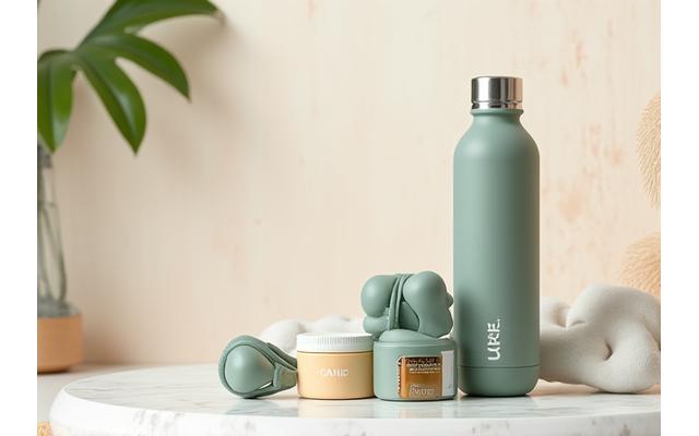 Assortment of modern wellness products like a smart water bottle and resistance bands on a clean, light background.