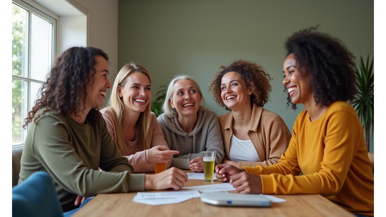 Diverse group of adults laughing and interacting in a bright, modern community space, symbolizing connection and support.