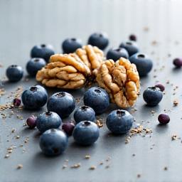 Brain-like pattern made of abstract healthy fats, blueberries, and walnuts, depicting cognitive health