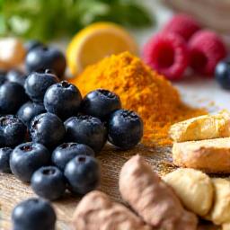 Variety of immunity-boosting superfoods like berries, ginger, and turmeric, artfully arranged