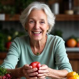 Elderly individual looking vibrant and healthy, surrounded by nutrient-dense foods, symbolizing longevity