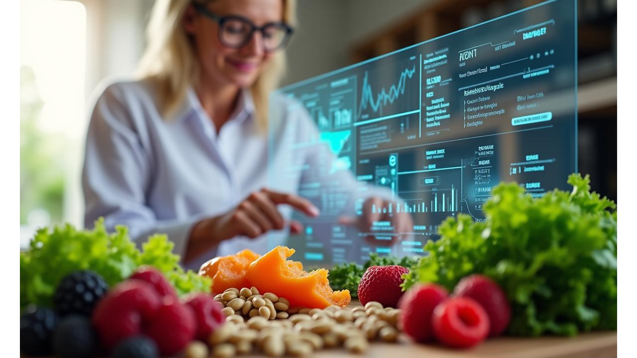 Scientist analyzing nutritional data with vibrant plant-based foods in foreground, conveying precision and natural wellness, suitable for adults 35+