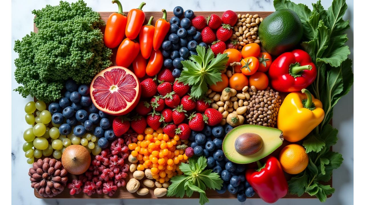 An array of colorful, fresh superfoods like kale, turmeric, berries, and avocado, beautifully arranged on a wooden board