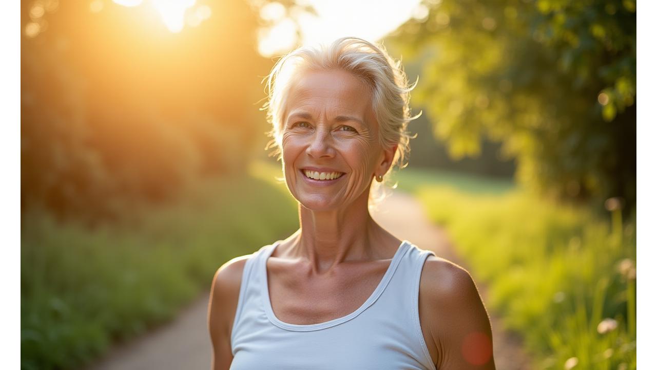 Woman enjoying fresh air and sunlight on a morning walk, feeling vital and healthy.