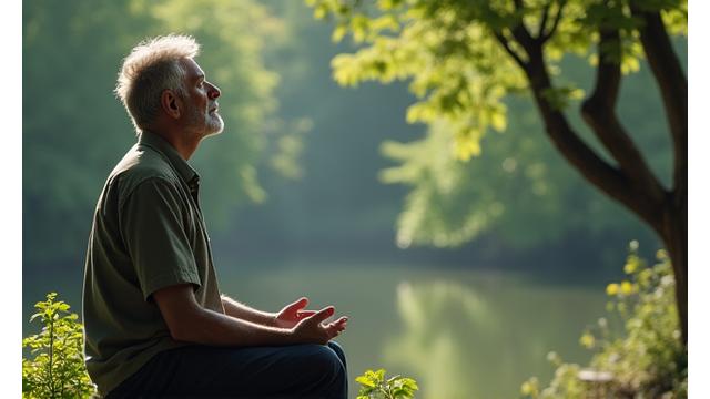Man sitting quietly in nature, practicing mindfulness and deep breathing