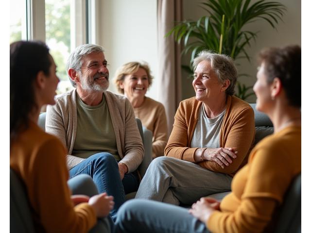 Diverse group of adults in a supportive discussion circle, symbolizing community support