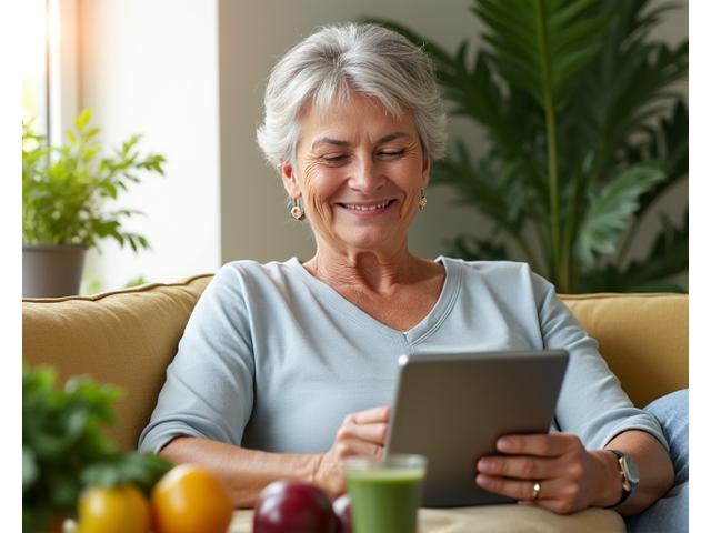 Woman happily reviewing a digital wellness plan on a tablet, with vibrant, healthy food and plants in the foreground, representing growth and personalized care.