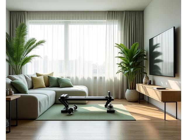 Elegant home gym setup with discreet, multi-functional equipment in a modern living space.
