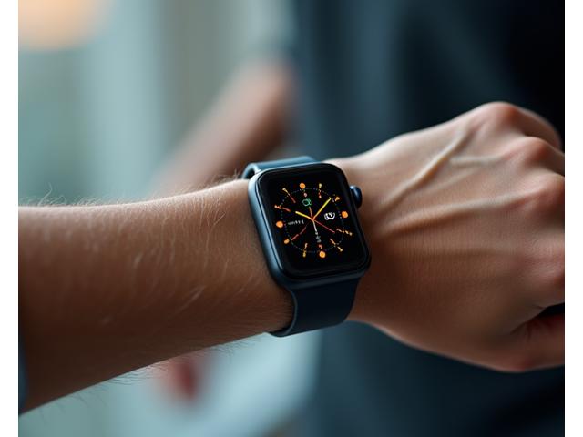 Close-up of a sleek smartwatch displaying health metrics on a mature adult's wrist.