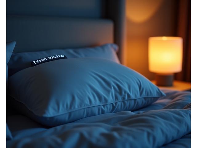 Calm bedroom scene with smart pillow and soft lighting, symbolizing improved sleep quality.
