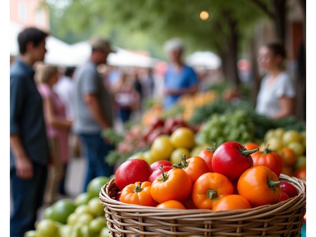 People enjoying a local farmer's market in Austin, vibrant and fresh