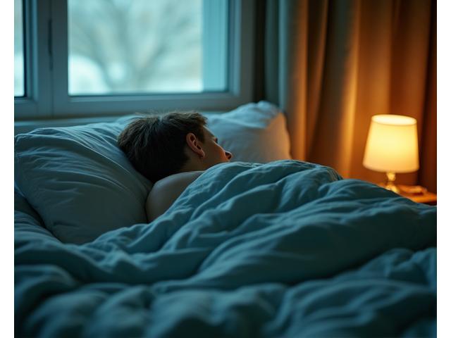 Person peacefully sleeping in a cozy bed, ambient lighting