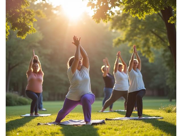 Group of diverse adults practicing gentle yoga outdoors, serene setting