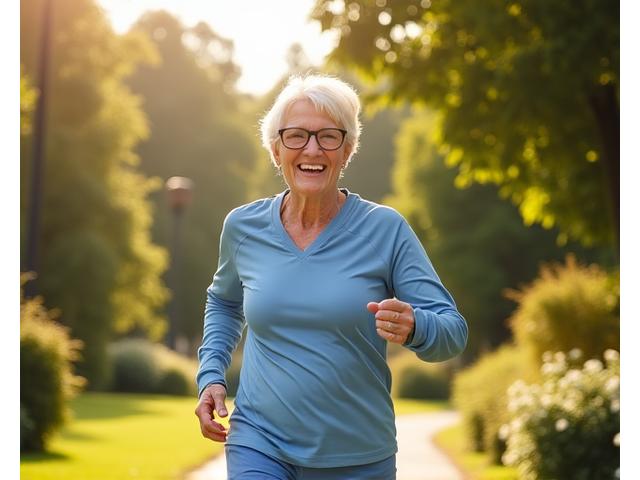 Vibrant, active older adult enjoying a walk in a sunny park